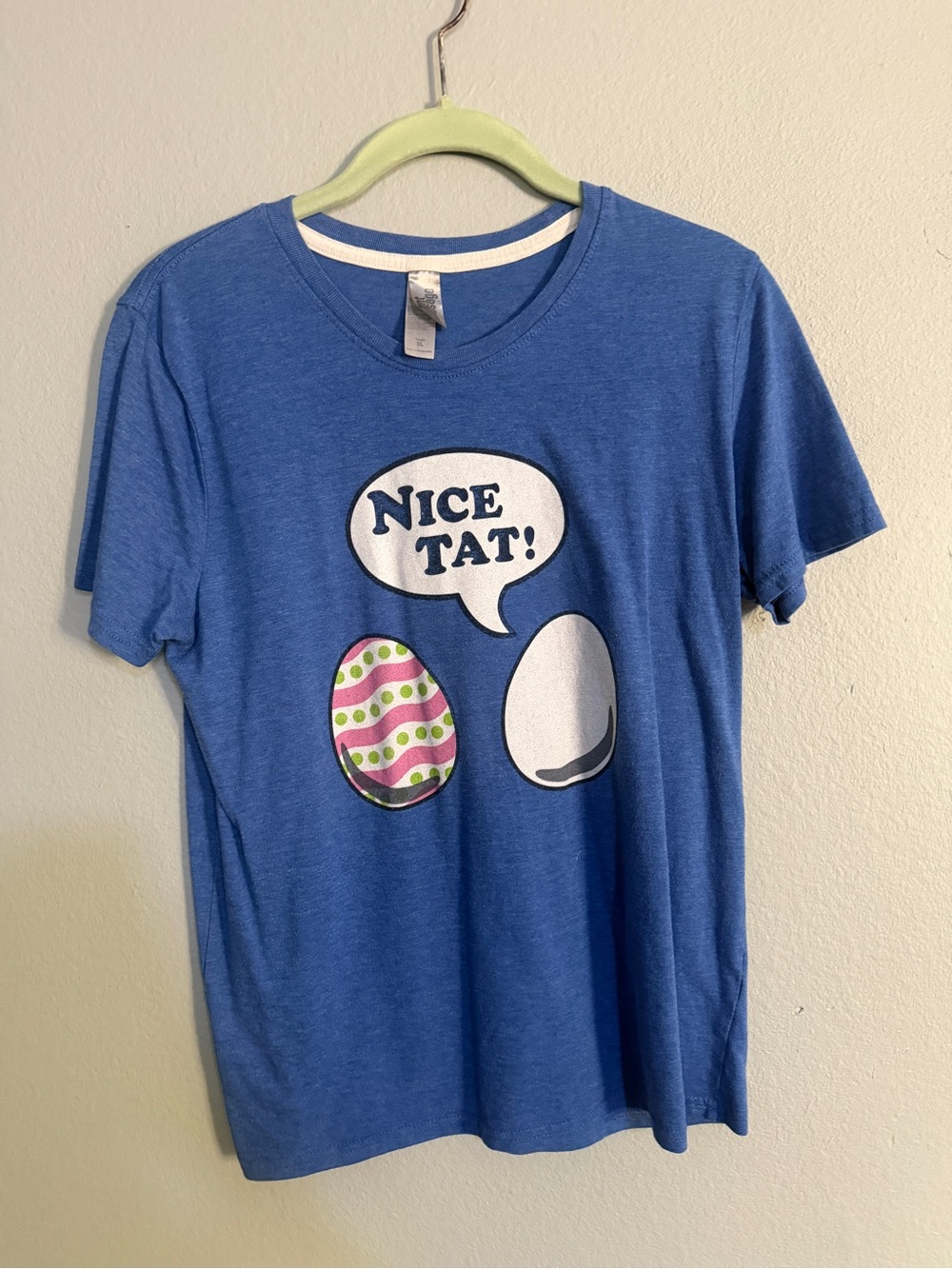 Blue Kids Graphic Tee with 'Nice Tat!' Egg Design